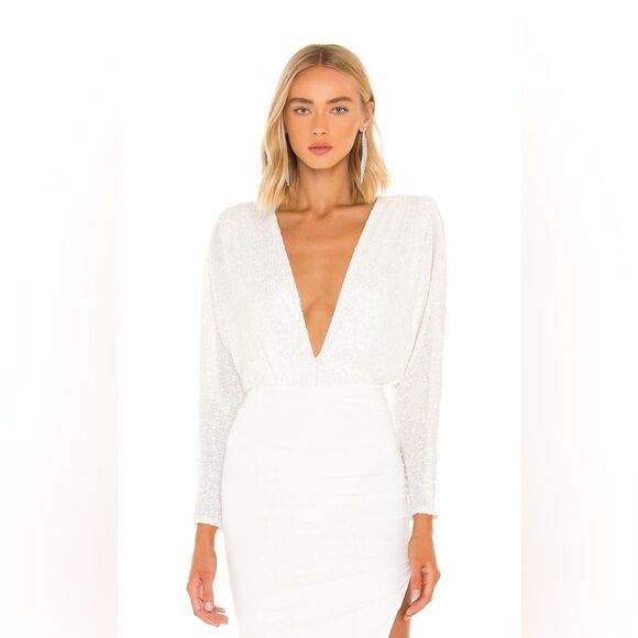 NOOKIE Veda White Sequin Deep Plunge Bodysuit. XS. NWT. - Picture 1 of 11